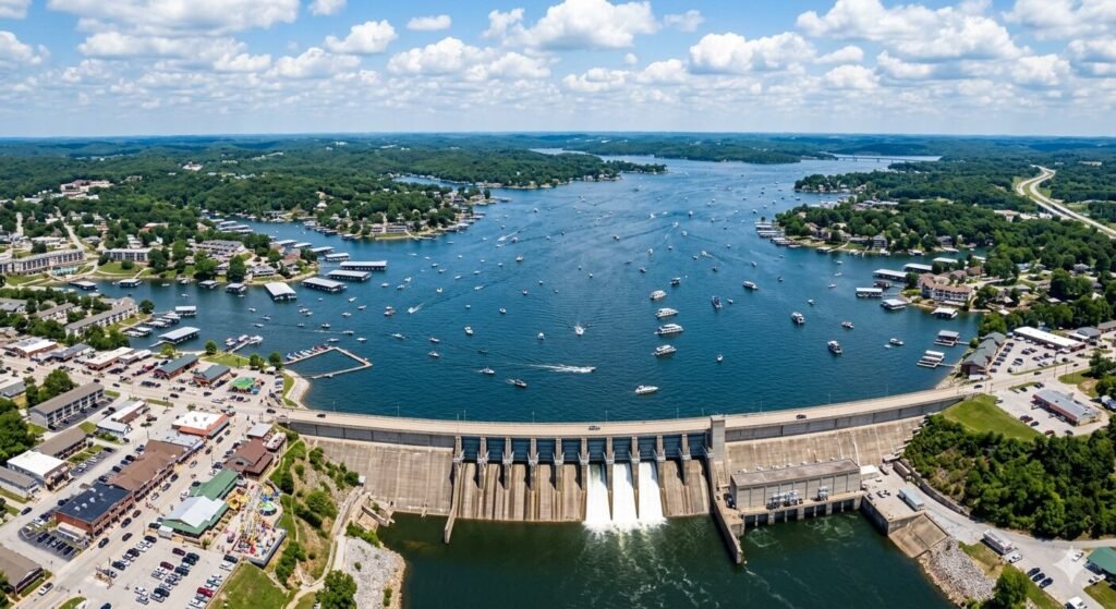 Wide view of Bagnell Dam and surrounding Lake of the Ozarks water on a summer day