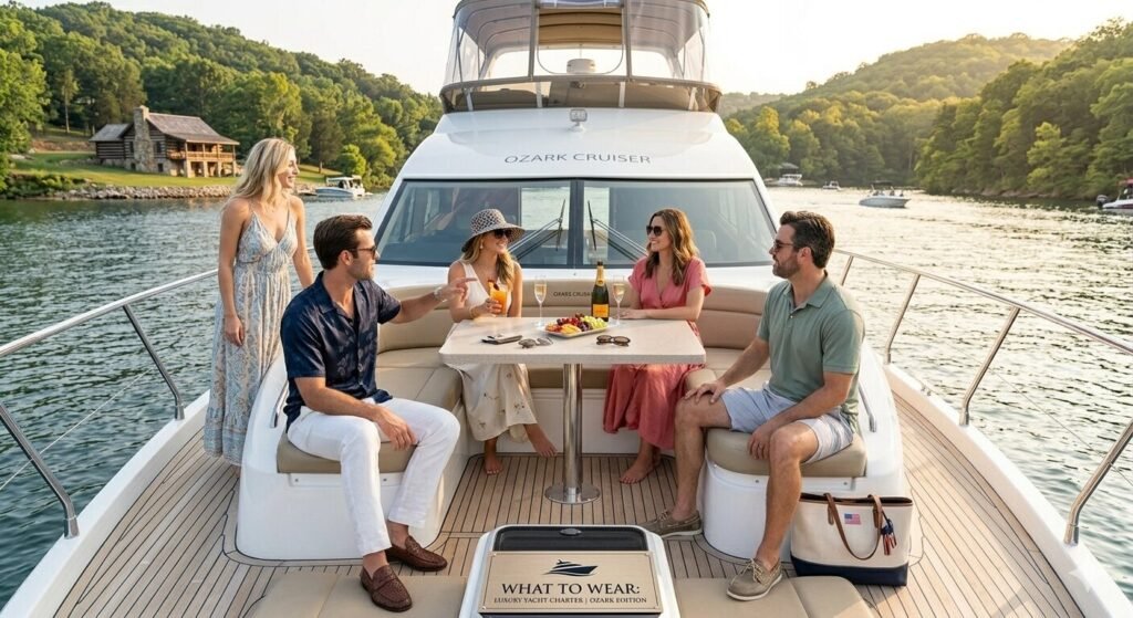 Woman in sun hat and swimsuit cover-up on a luxury yacht rental at Lake Ozark Missouri