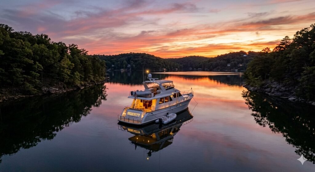 Yacht anchored overnight in a calm cove at Lake of the Ozarks Missouri at sunset