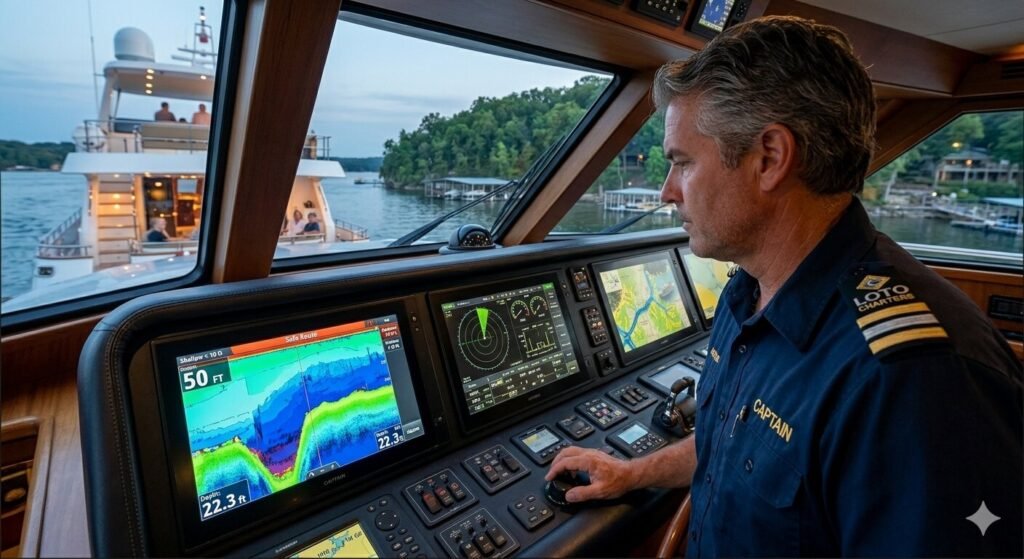 Yacht captain monitoring depth finder during a private charter at Lake of the Ozarks
