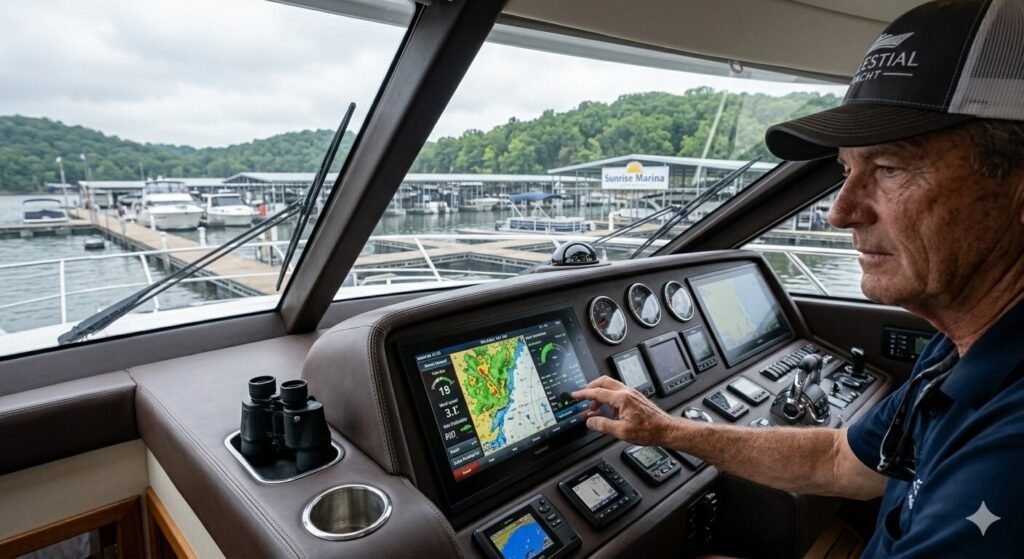 Yacht charter captain monitoring weather conditions at Lake of the Ozarks