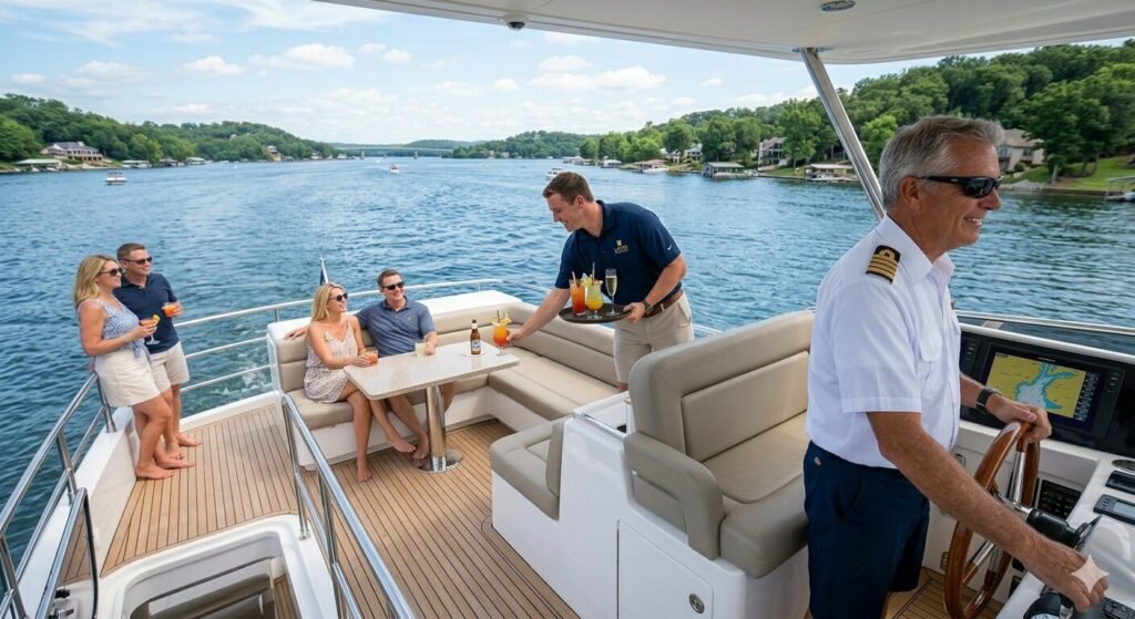Yacht crew providing drink service to guests during a private charter at Lake of the Ozarks