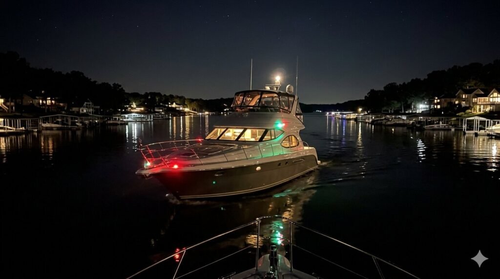 Yacht cruising on Lake of the Ozarks at night with navigation lights glowing
