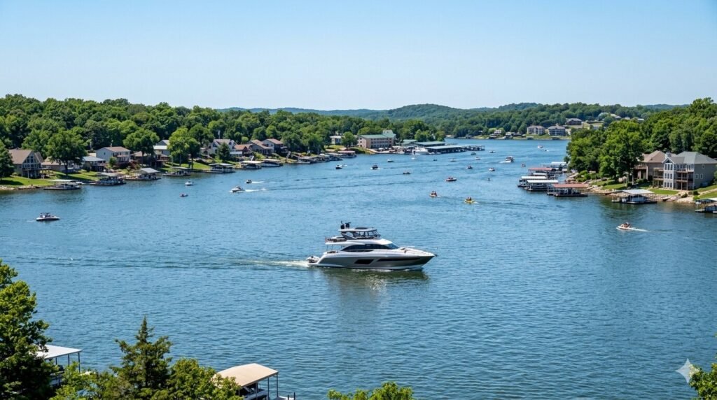 Yacht cruising the Gravois Arm at Lake of the Ozarks on a weekend afternoon