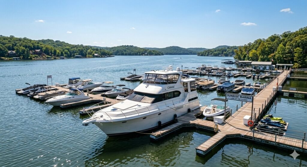 Yacht docked at Lake of the Ozarks marina on a sunny day