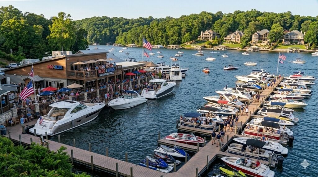 Yachts and boats docked at popular Lake of the Ozarks restaurant busy weekend afternoon