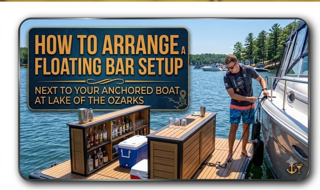 floating bar setup next to anchored boat Lake of the Ozarks