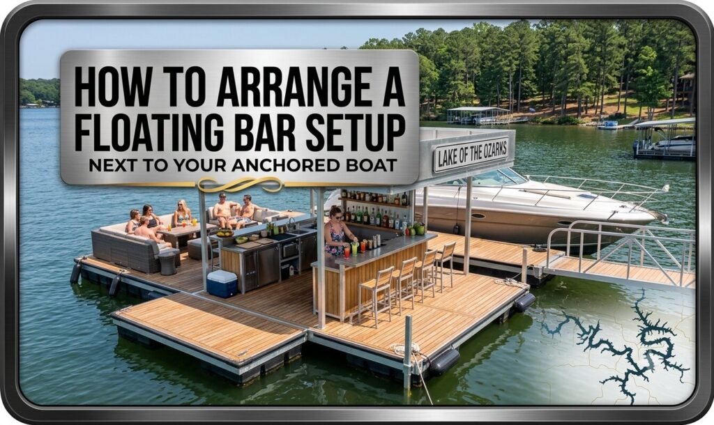 inflatable bar platform anchored yacht Lake Ozark setup