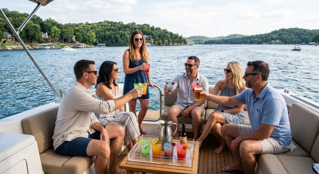 Adults celebrating responsibly with drinks on a Lake Ozark private charter yacht on a sunny summer afternoon.