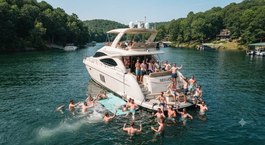 Aerial view of a private bachelor party yacht anchored in a Lake Ozark cove with guests swimming around the boat.