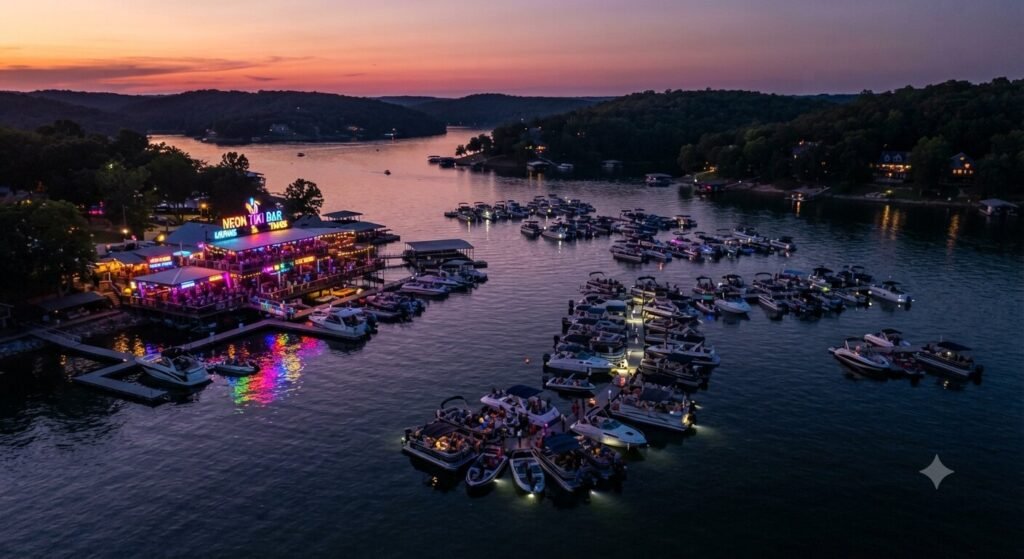 Aerial view of boats anchored near Neon Tiki Bar on Lake of the Ozarks at dusk with colorful shoreline lights