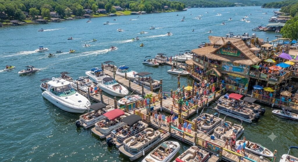 Aerial view of boats docked at Paradise restaurant on a busy Lake of the Ozarks summer weekend