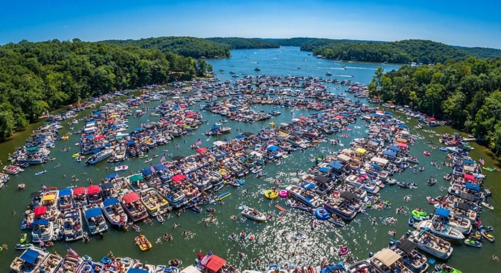 Aerial view of hundreds of boats rafted together in Party Cove on Lake of the Ozarks during a busy summer weekend