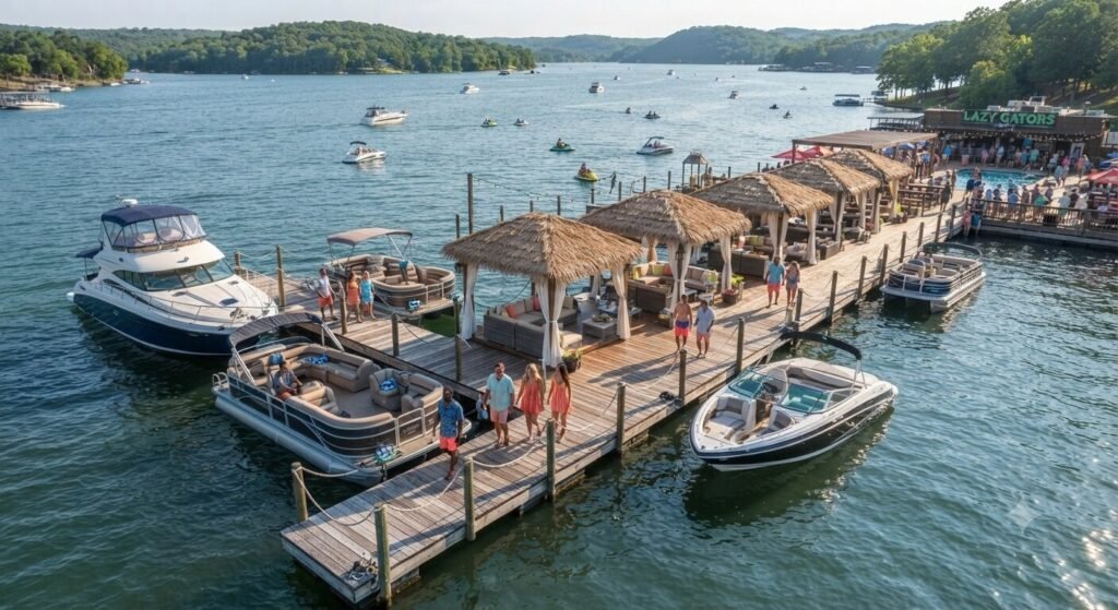 Aerial view of private cabanas and boat drop off points along the Lazy Gators waterfront on Lake of the Ozarks
