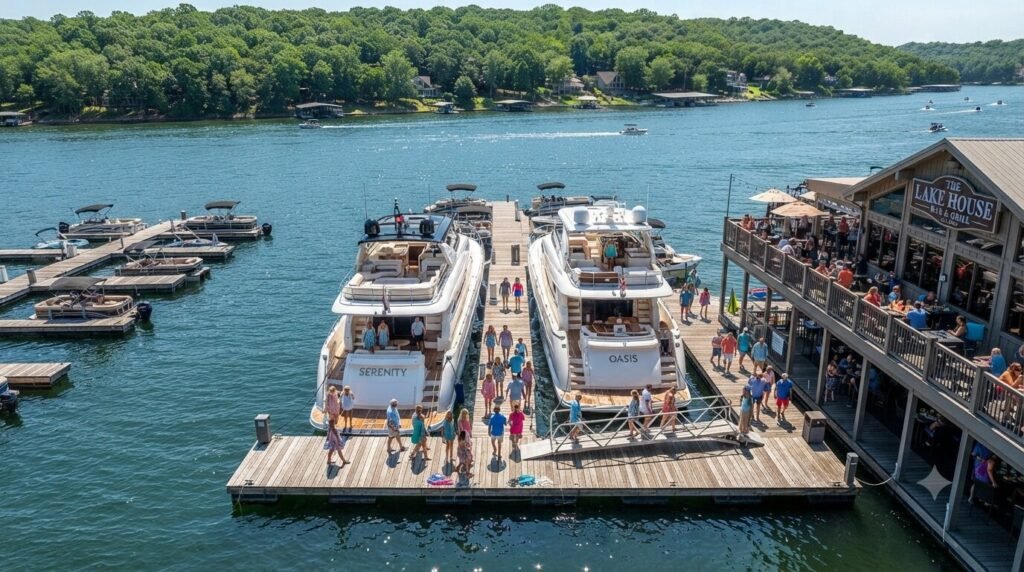 Aerial view of two private yachts docked at a Lake of the Ozarks waterfront restaurant with guests heading to dine on a summer day.
