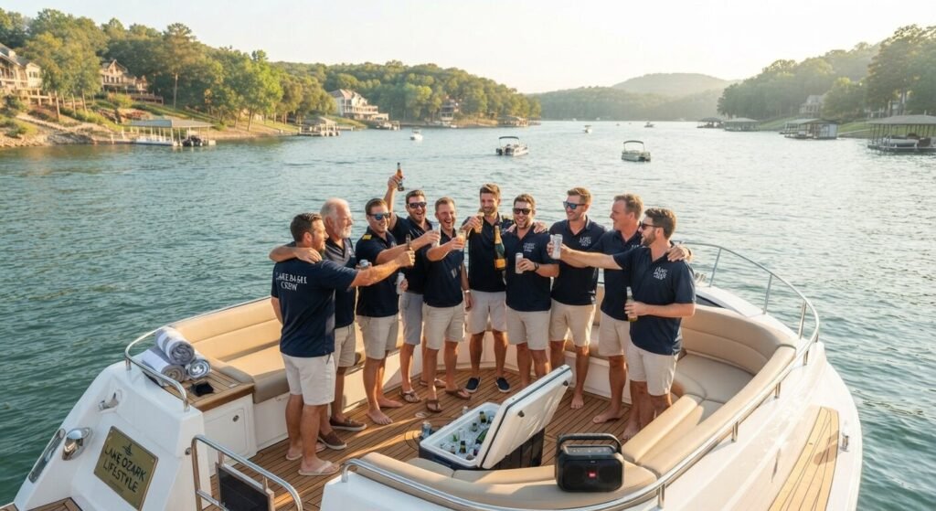 Bachelor party group celebrating on a chartered yacht at Lake Ozarks