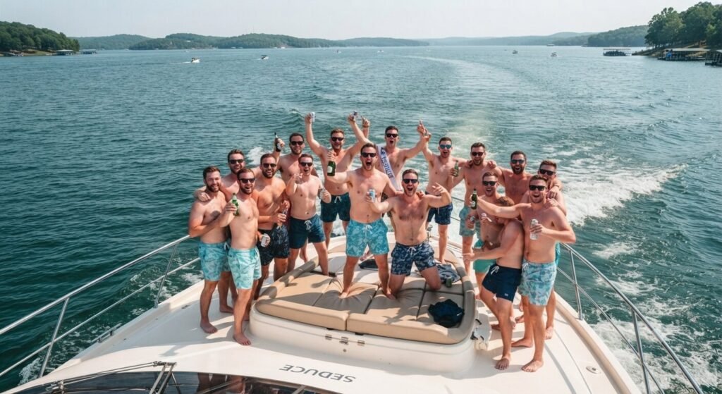 Bachelor party group celebrating on the bow of a Lake Ozark luxury charter yacht on a sunny summer afternoon.
