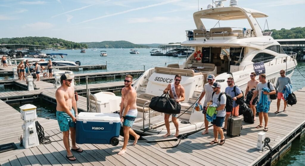 Bachelor party group loading coolers onto a Lake Ozark yacht at the marina dock before a boat rental trip.