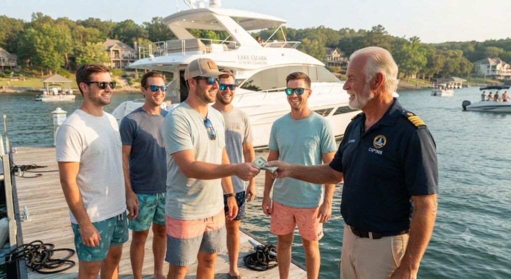Bachelor party group tipping their boat captain at Lake Ozarks dock