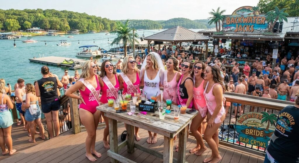 Bachelorette party bar crawl stop at Backwater Jacks on Lake of the Ozarks