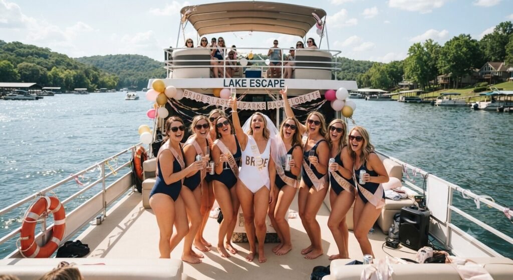 Bachelorette party group celebrating on a large boat charter at Lake of the Ozarks