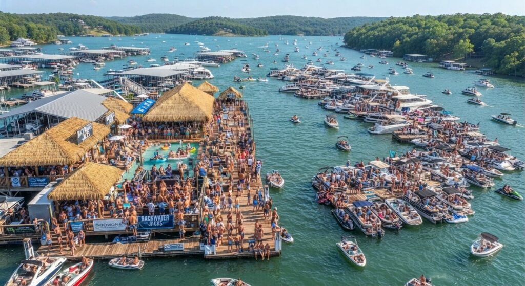 Backwater Jacks boats docked together aerial view Lake of the Ozarks