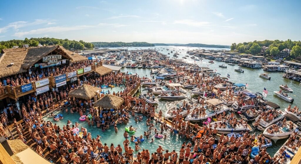 Backwater Jacks pool bar Lake Ozark boats docked together