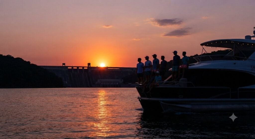 Bagnell Dam sunset bachelor boat ride Lake Ozark