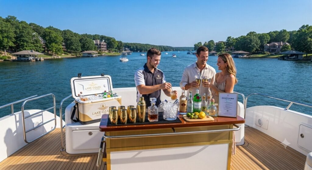 Bar setup on a private charter yacht deck at Lake Ozark with drinks and cooler ready for a group celebration.