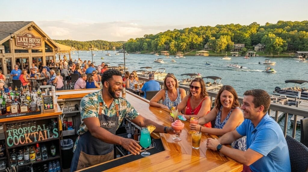 Bartender serving tropical drinks to guests at an outdoor waterfront bar at Lake of the Ozarks with boats visible on the water.