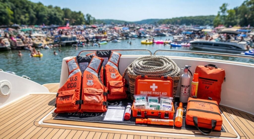 Boat safety kit with life jackets and anchor line on deck in Party Cove on Lake of the Ozarks