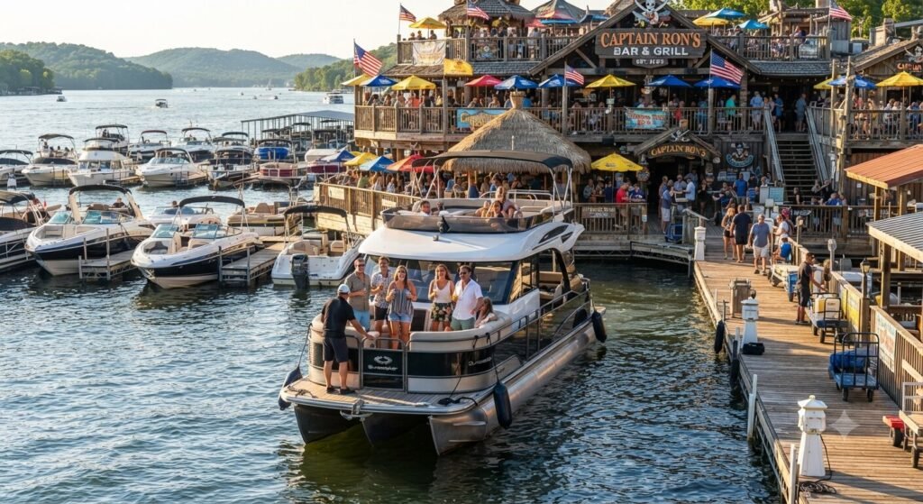 Boaters pulling up to Captain Ron's dock Lake of the Ozarks
