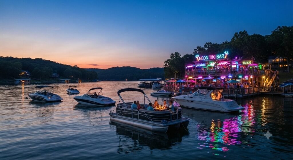 Boats anchored near Neon Tiki Bar on Lake of the Ozarks with colorful neon lights glowing at sunset