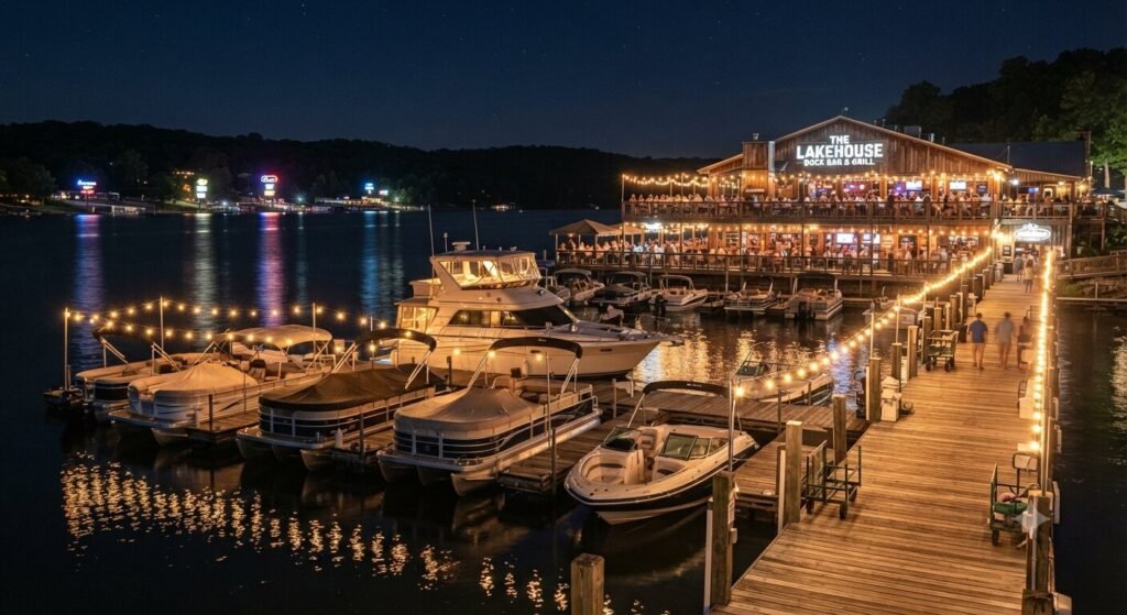 Boats docked along a lit pier on the Lake Ozark strip at night near a busy waterfront restaurant.