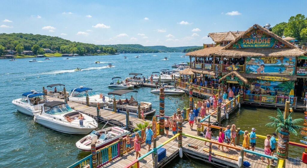Boats docked at the Paradise tropical restaurant on Lake of the Ozarks with colorful tiki decor and lake views