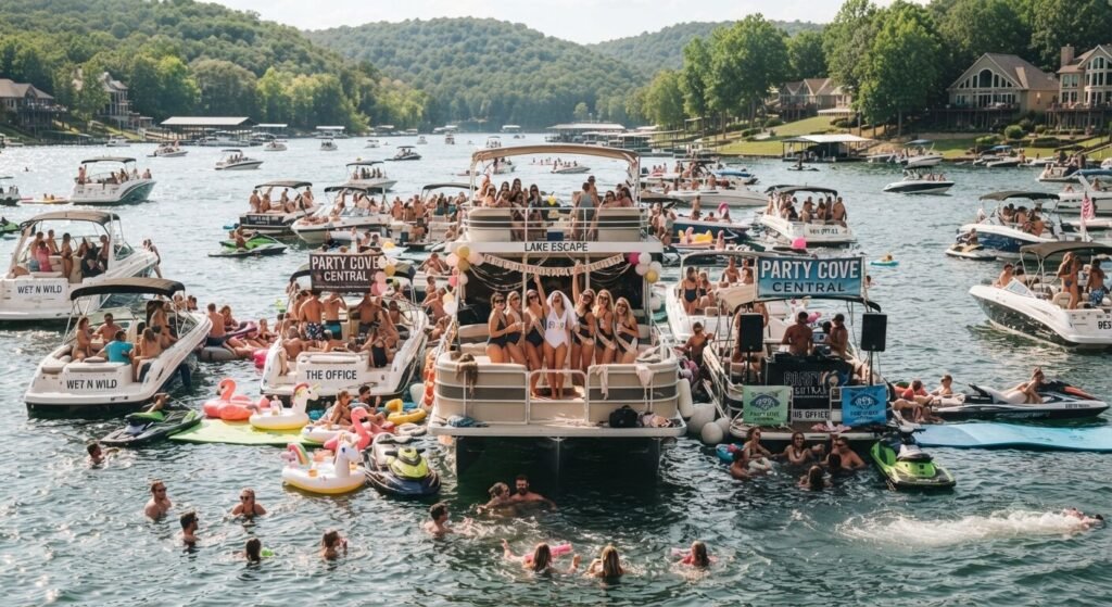 Boats gathered near Party Cove during a Lake of the Ozarks bachelorette cruise
