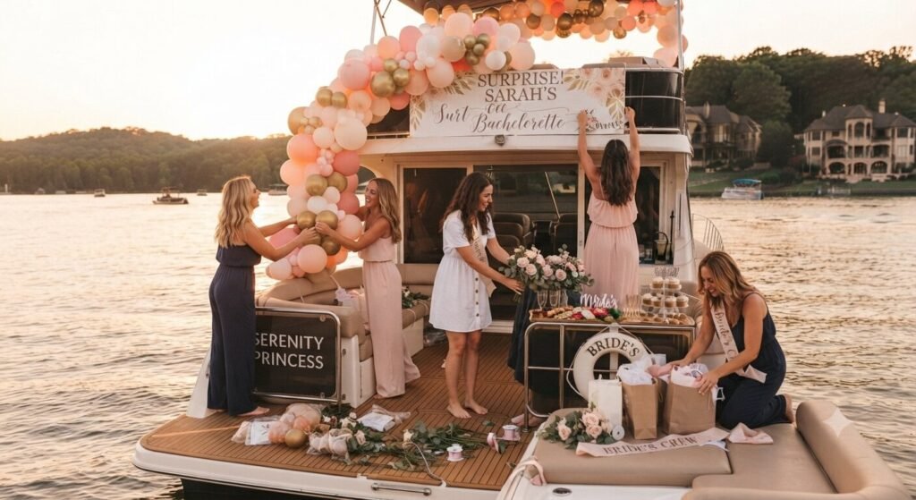 Bridal party decorating a private yacht ahead of a surprise reveal