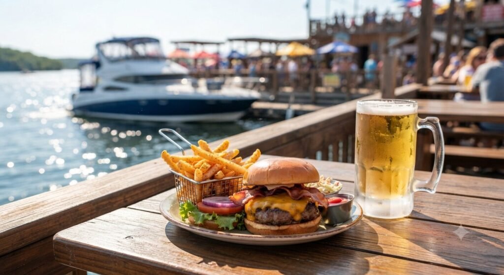 Burger and cold beer served on the outdoor deck at H Toad's waterfront restaurant on Lake of the Ozarks.