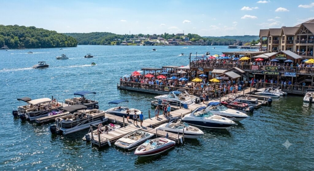 Busy H Toad's waterfront dock on Lake of the Ozarks with boats tied up and guests dining on the outdoor deck.