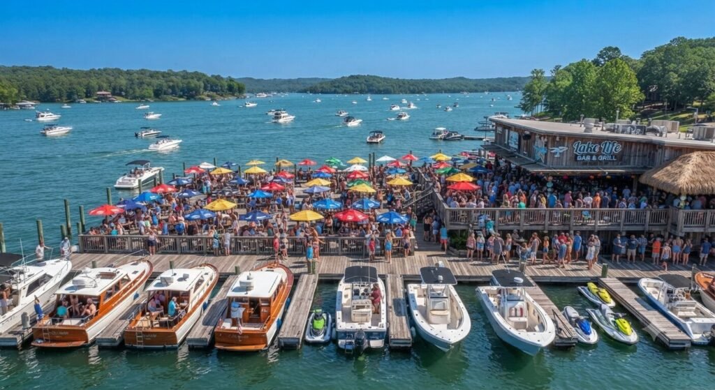 Busy Lake of the Ozarks waterfront bar and grill with a full outdoor deck and boats docked along the pier on a summer day.
