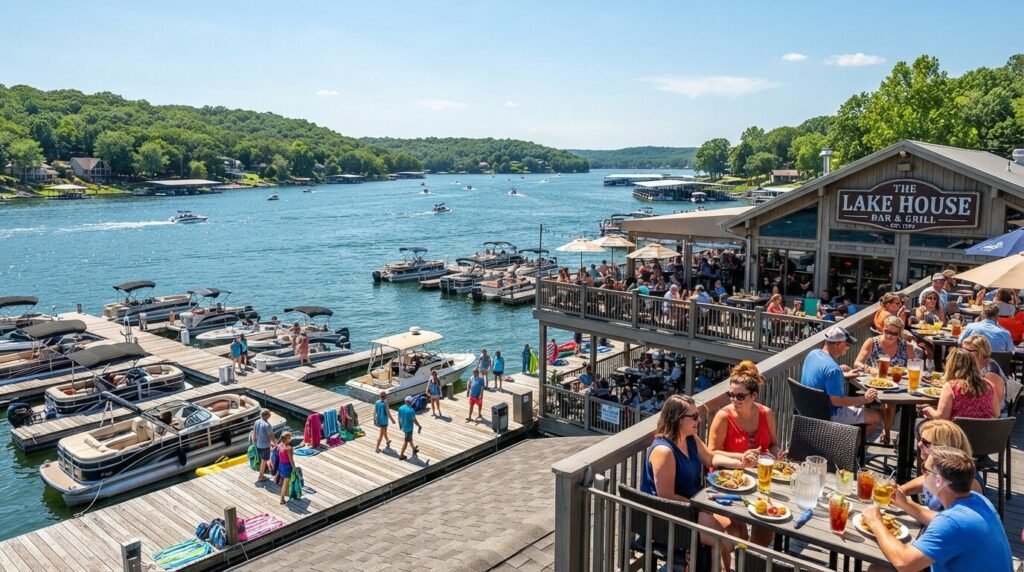 Busy waterfront restaurant at Lake of the Ozarks with boats docked and guests dining on the outdoor deck on a summer afternoon.