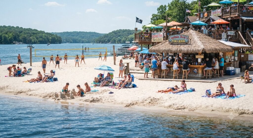 Captain Ron's sandy beach and outdoor dining at Lake Ozarks