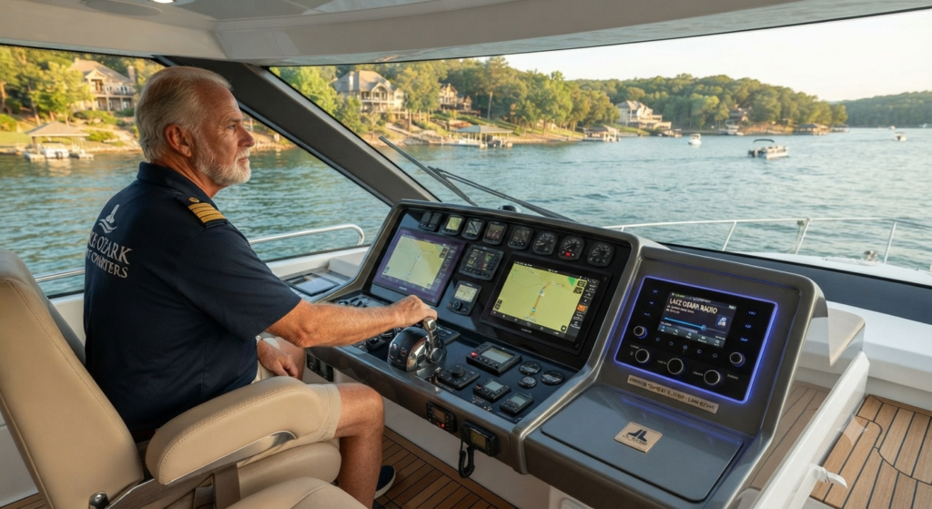Captain at the yacht helm with a premium audio head unit control panel visible at Lake Ozark