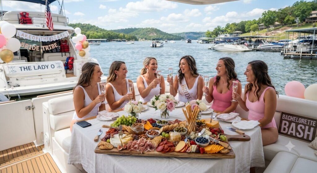 Charcuterie board set up on bachelorette yacht at Osage Beach Lake of the Ozarks