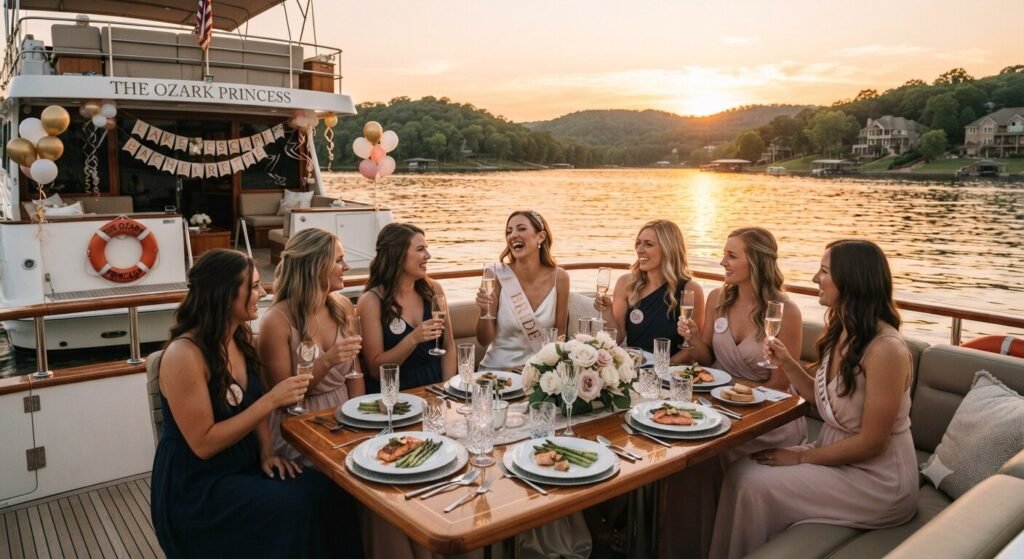 Classy bachelorette party enjoying a sunset dinner cruise on Lake of the Ozarks