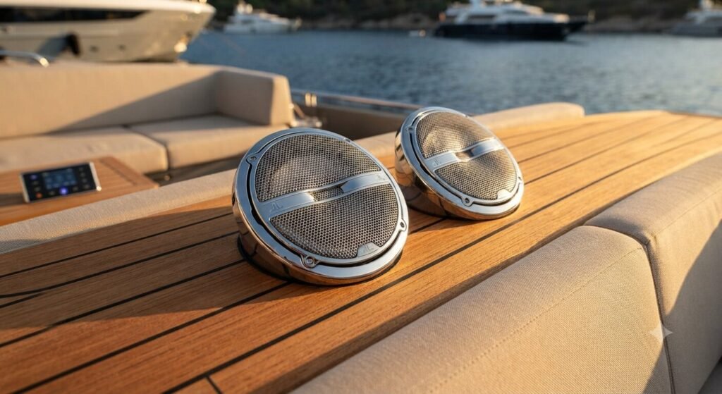 Close up of premium marine speakers mounted on a yacht deck at Lake of the Ozarks