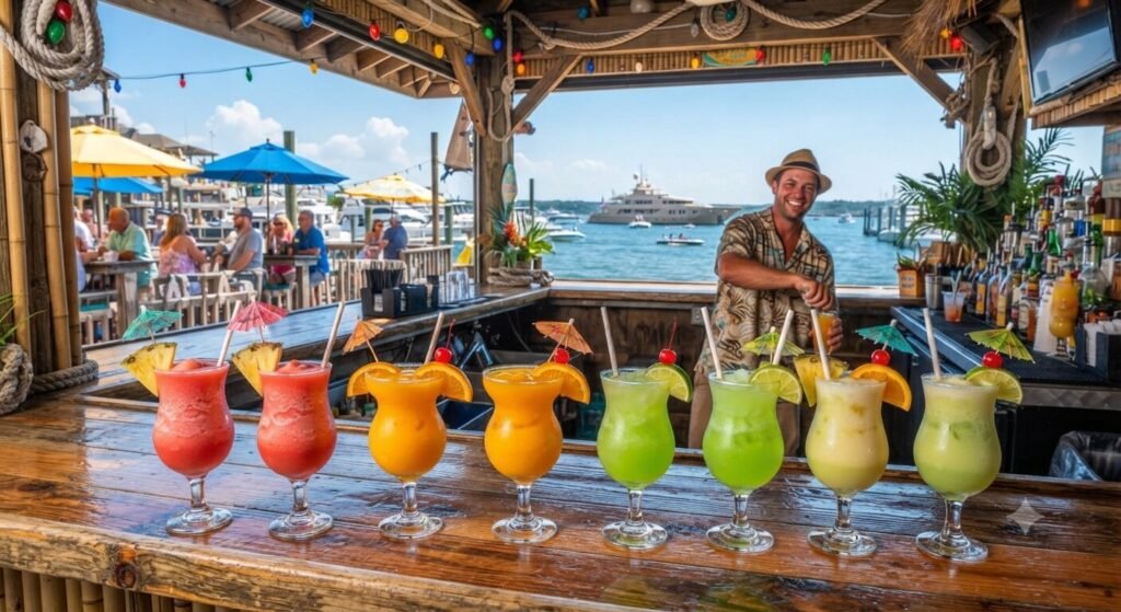 Colorful frozen tropical cocktails at an outdoor Caribbean-themed Lake of the Ozarks waterfront bar on a sunny afternoon.