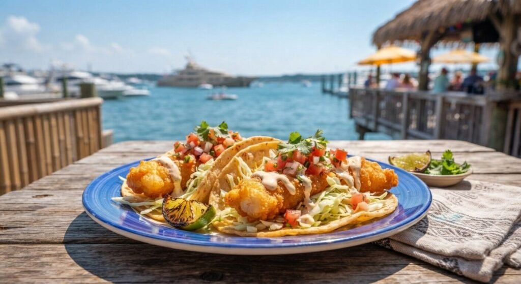 Crispy fish tacos plated at a Lake of the Ozarks waterfront restaurant with a docked boat visible in the background.