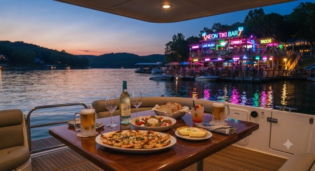 Dinner spread on an anchored boat deck with Neon Tiki Bar lights glowing across the water in the background