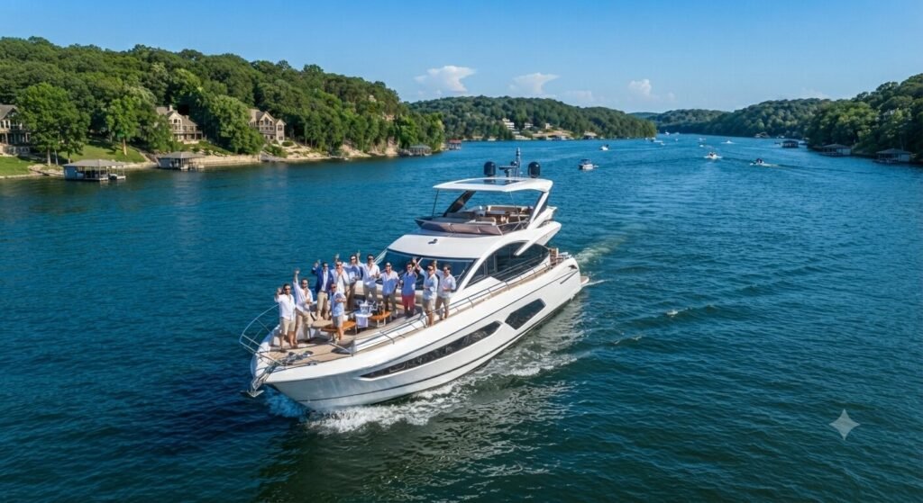 Drone aerial photo of a luxury yacht on Lake Ozark with bachelor party group on deck during a sunny boat day.